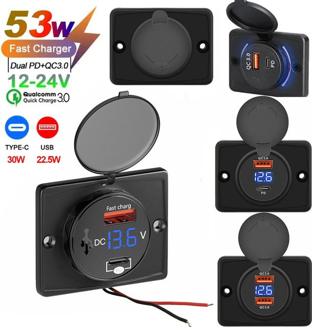 Kebidumei Dual USB Ladegerät Adapter mit PD und QC3.0 USB-C Steckdose für Auto, Motorrad und Boot, Schwarz - Bild 1