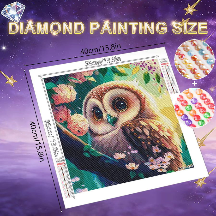 HUACAN Diamond Painting Eule mit Rosenblüten und Feenstaub AB Steinen in Multicolour, B/B/H: 20 x 20 x 20 cm - Bild 1