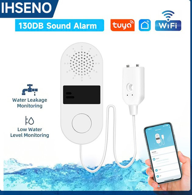 Tuya Smart Home Wasserleckdetektor mit 130 dB Ton- und Lichtalarm, 2,4 GHz WiFi Wasseralarmsensor mit App-Steuerung, Weiß - Bild 1