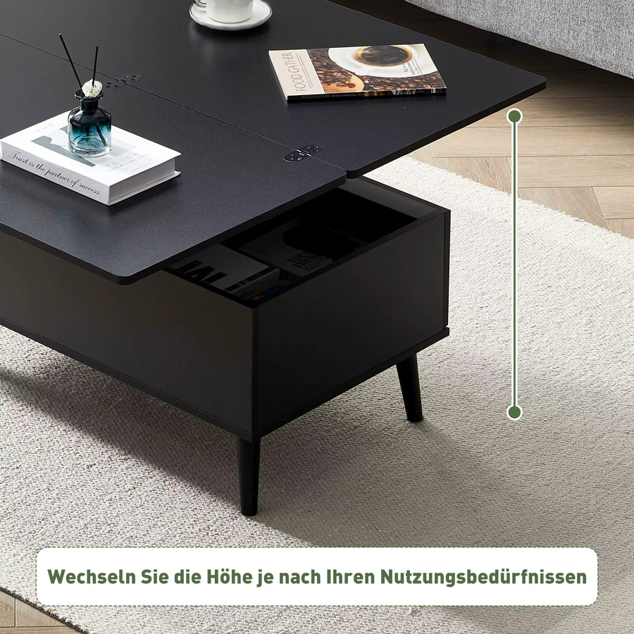 Lemroe Couchtisch in Schwarz, höhenverstellbarer 4-in-1 Multifunktions-Wohnzimmertisch mit Stauraum und modernem Design - Bild 3