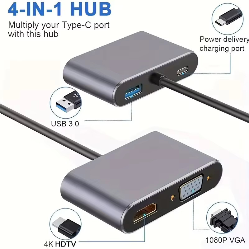 4-in-1 USB-C Multiport-Hub-Adapter Dockingstation in Grau mit 4K HDMI, VGA und 100W PD Schnellladung für MacBook Pro Air und Laptops - Bild 4