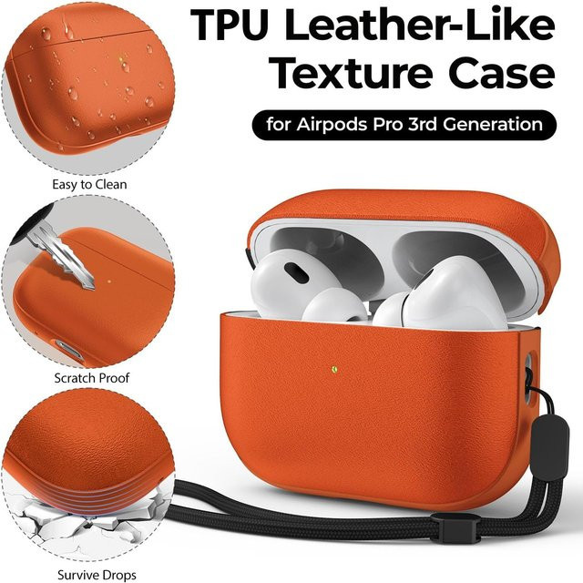 Apple AirPods Pro 3 Schutzhülle mit Leder-Muster und Schlüsselanhänger in Grün und Orange - Bild 1