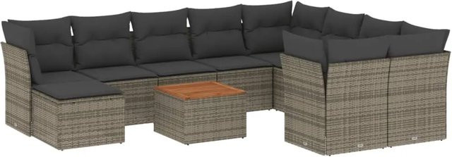 vidaXL 11-tlg. Garten-Sofagarnitur aus Poly-Rattan und Akazienholz in Grau mit Kissen - Bild 1