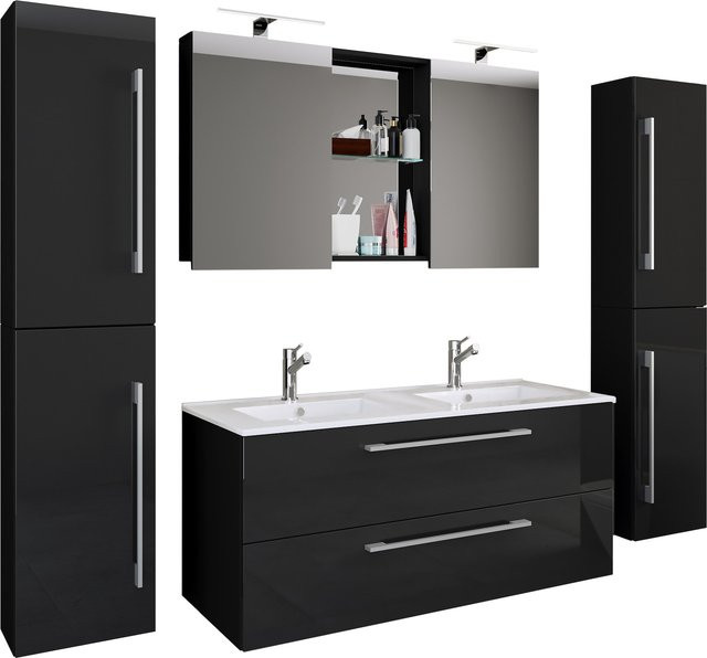 VCM Badmöbel Set Budasi SC 5-tlg. Doppel Waschplatz mit Keramik Waschtisch, Unterschrank, 2x Hochschrank und Spiegelschrank - Bild 1
