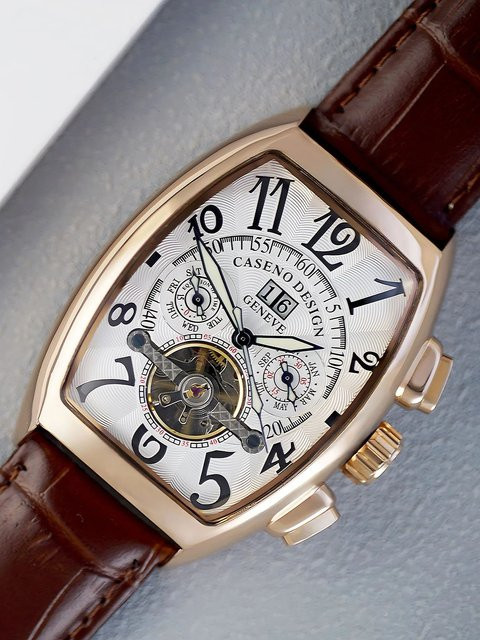 CASENO Armbanduhr Automatik, Tonneau, Skelett, Schwarz, Gold, Herren - Bild 1