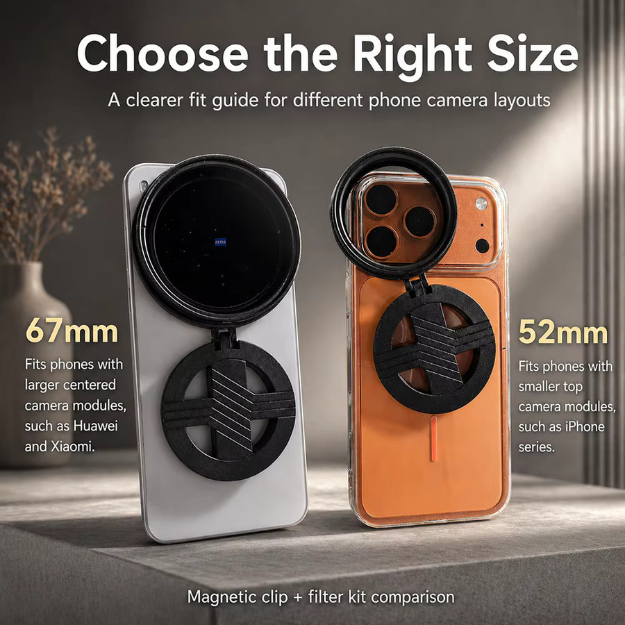 OBKEY Magnetisches ND-Filter-Kit für Smartphones und Android, ND2-400 verstellbar, 52mm/67mm, optisches Glasobjektiv, Schwarz - Bild 2
