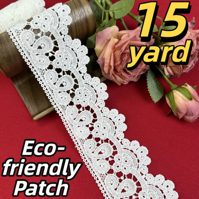 Weiße Spitzenborte mit Blumenmuster für Kostüme, Hochzeitskleider und Bastelarbeiten, Breite: 7,2 cm, Länge: 13,7 m - Bild 1