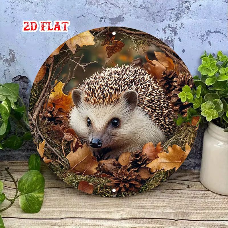 Potdemiel Rundes Aluminiumschild Vintage Igel und Herbstblätter Durchmesser: 19,99 cm - Bild 3