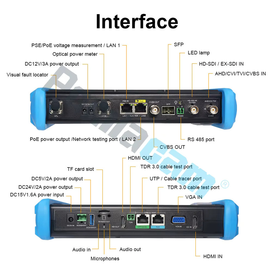 POMIACAM 7-Zoll IPS-Touch-IP-Kameratester mit 8K Unterstützung, 90 W PoE++, PTZ-Steuerung und UTP/RJ45 TDR-Kabeltest in Blau - Bild 4