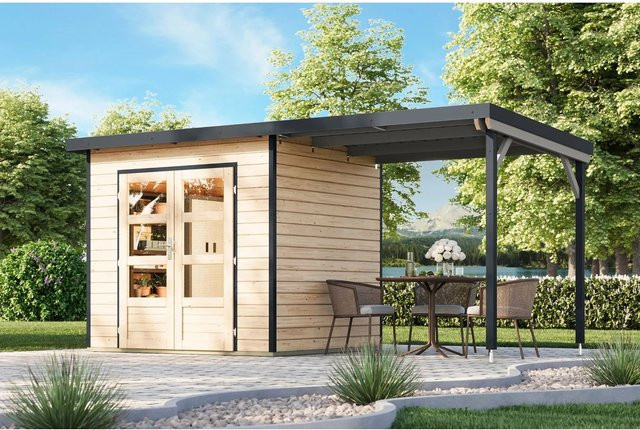 Karibu Gartenhaus Domingo 2 A mit Anbaudach in Natur-Anthrazit - Bild 1