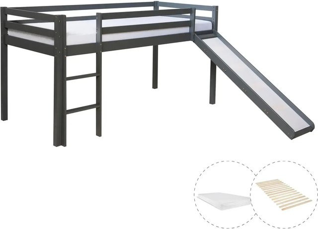 Homestyle4u Kinderbett mit Rutsche, Matratze und Lattenrost aus Kiefernholz in Grau, B/T/H: 207,5 x 96,5 x 75 cm - Bild 1