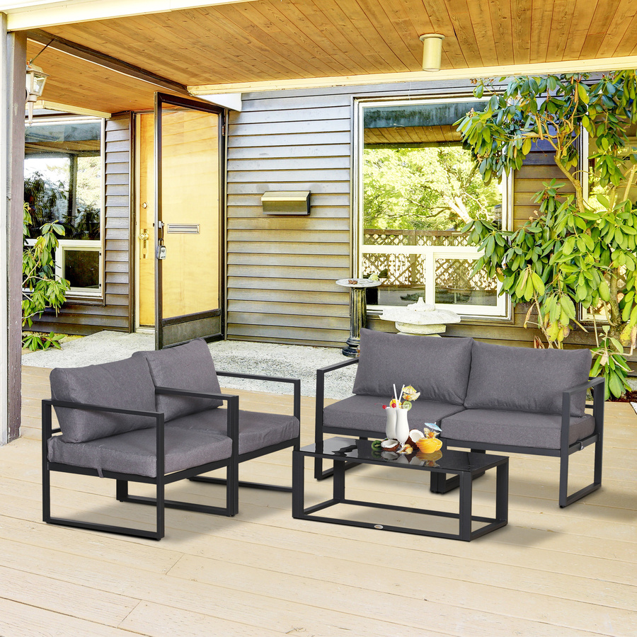 Outsunny 4-teiliges Gartenmöbel Set in Grau mit Tisch und Sitzkissen für Garten, Patio und Balkon, B/T/H: 138 x 69 x 63 cm - Bild 2