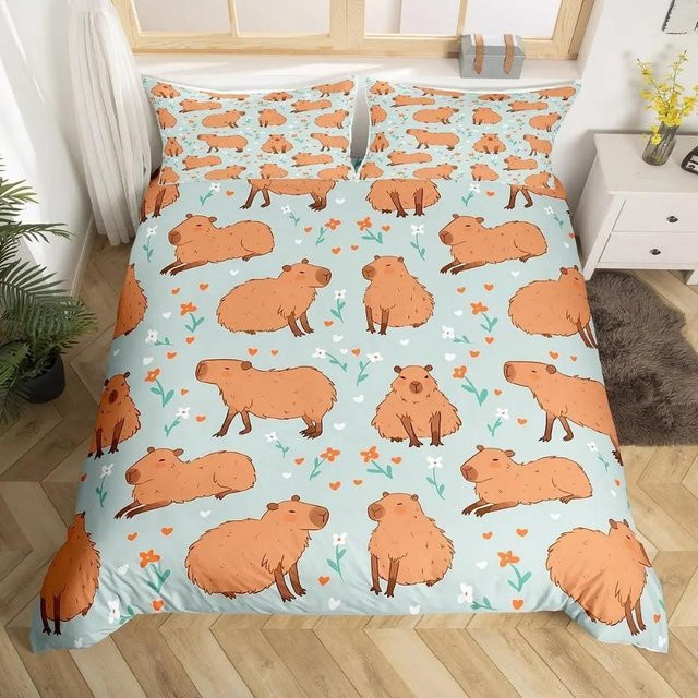 Bettwäscheset Binchi Fitness mit Cartoon-Capybara-Aufdruck in Blau, bestehend aus 1 Bettbezug und 2 Kissenbezügen, B/H: 90 x 200 cm - Bild 1