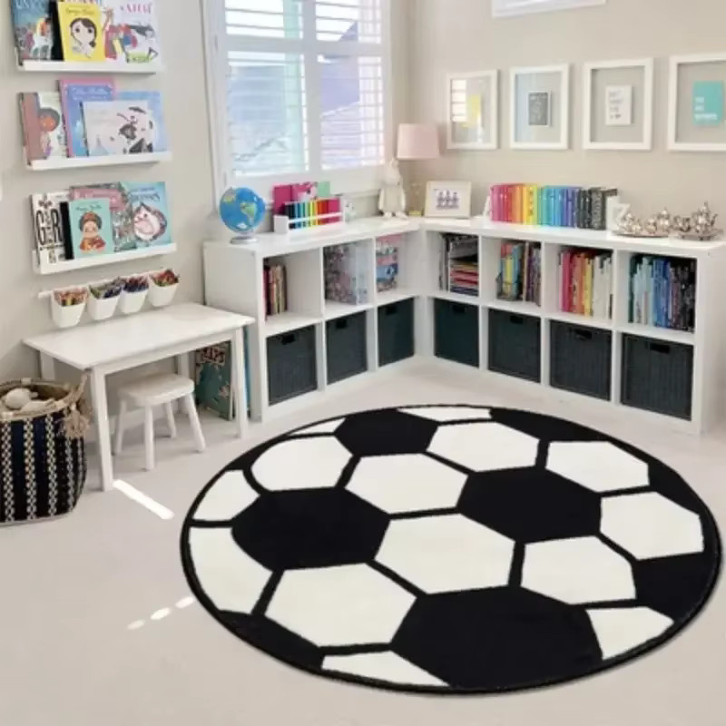 DHDH Fußballteppich in Schwarz-Weiß mit Sportmotiv als runder Teppich für Kinderzimmer, Wohnzimmer oder Schlafzimmer - Bild 5