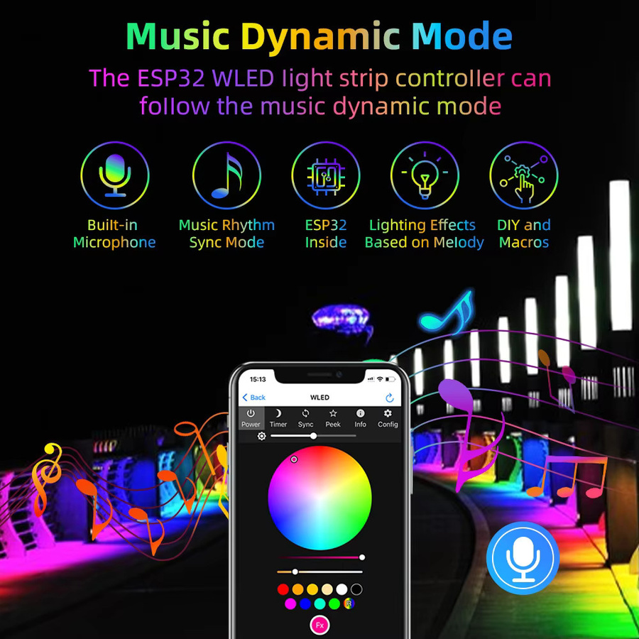 DOMRAEM ESP32 Ultra-Dünner Musik-WLED-Controller für adressierbare RGB IC Streifen, 2-Kanal, Farbe: Weiß - Bild 3