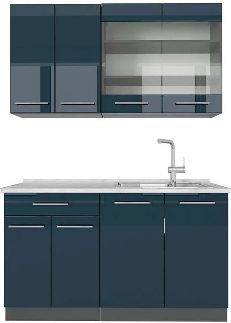 Vicco Küchenzeile Fame-Line in Anthrazit und Dunkelblau Hochglanz mit weißer Marmor-Arbeitsplatte, Breite: 140 cm - Bild 2