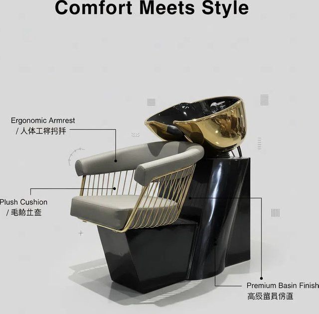 Keyunshi Shampoo-Stuhl für Friseursalons in Hellgrau und Gold mit ergonomischen Armlehnen und Plüschkissen - Bild 1