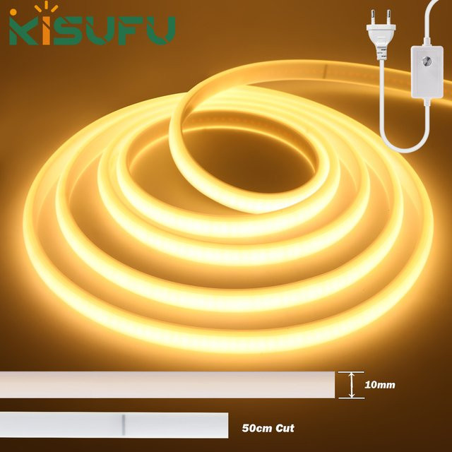 KISUFU COB-LED-Neonstreifen in Warmweiß, wasserdichter IP67 Silikon-LED-Streifen mit Dimmer und Netzteil, flexibler linearer Lichtstreifen für moderne Raumdekoration - Bild 1