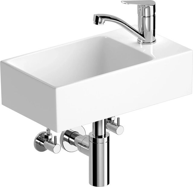 baliv Waschtisch aus Keramik in Weiß mit Armaturen und Siphon, Wandmontage, Rechteckig, Breite: 40 cm - Bild 1
