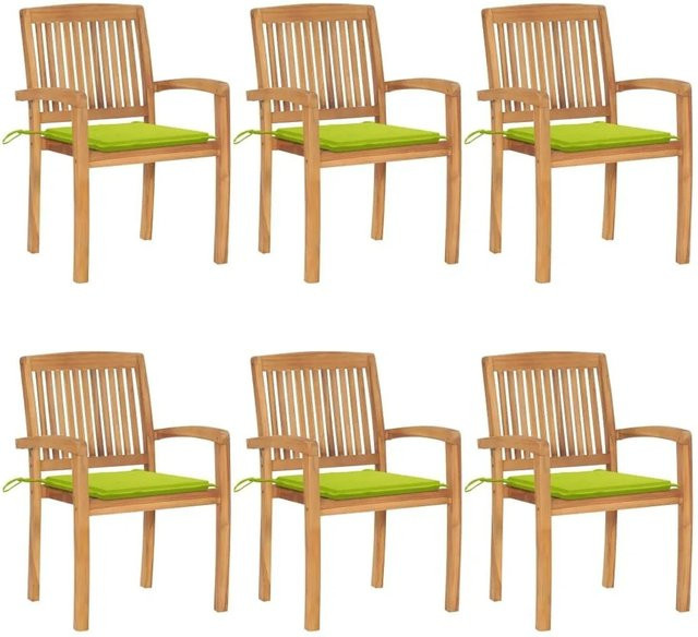 vidaXL Set aus 6 stapelbaren Gartenstühlen aus Teakholz mit Kissen in Braun und Grün - Bild 1