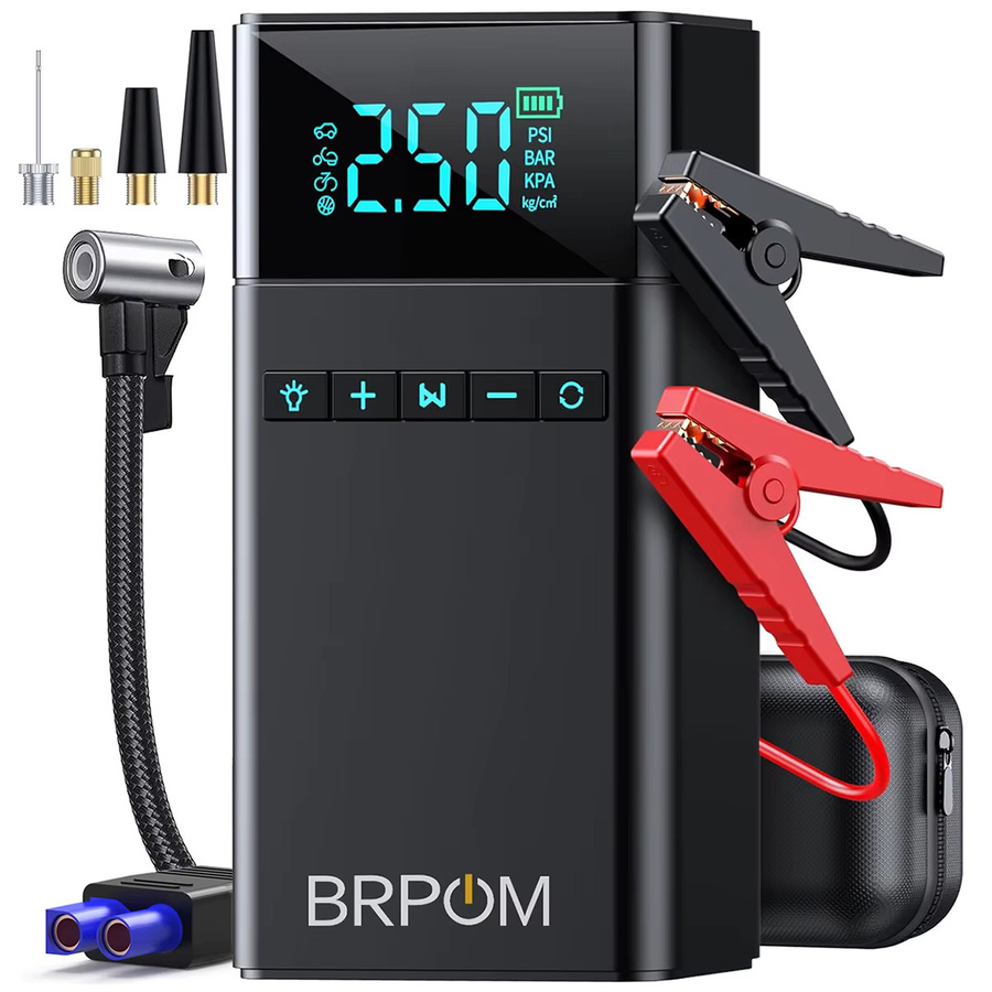 BSMOOM Auto-Starthilfe-Powerbank mit 150PSI Luftpumpe und 3-Modus-LED-Taschenlampe, 1500A Notfall-Starter für 12V Autobatterien, Schwarz - Bild 2