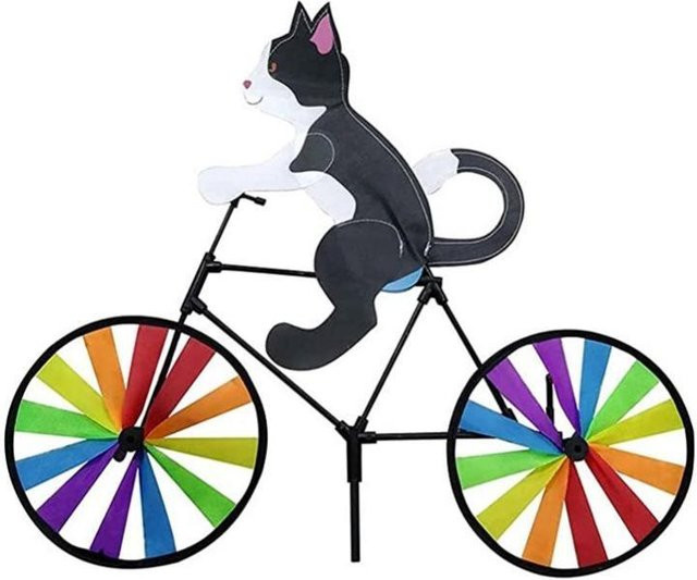 Cocojoker Windrad Tier-Design mit Katze und Welpe auf Fahrrad, Garten-Deko aus Metall, Schwarz - Bild 1