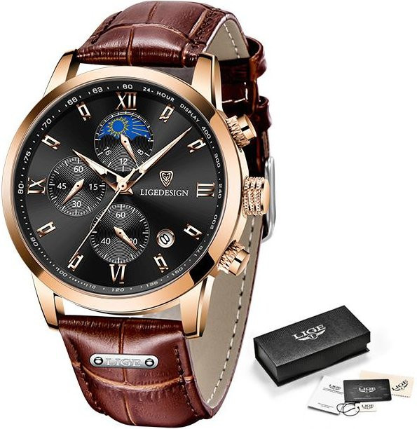 LIGE Armbanduhr Chronograph, Quarz, Leder, Gold/Schwarz, Herren - Bild 1