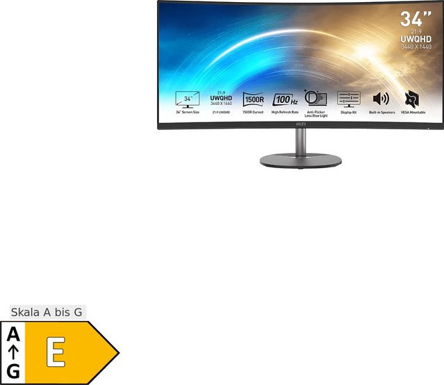 MSI PRO MP341CQDE Curved Monitor, 34 Zoll, UWQHD, VA-Panel, 100 Hz, 1 ms, Schwarz, HDMI und DisplayPort - Bild 2