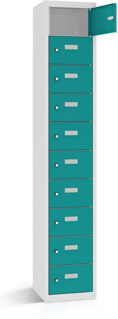 rotstahl Wertfachschrank mit 10 Fächern in Türkis und lichtgrauem Korpus, B/T/H: 42,5 x 50 x 180 cm - Bild 1
