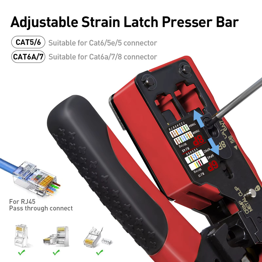 ZoeRax RJ45 Crimpzange für Cat7 Cat6a Cat6 Cat5e Ethernet-Anschlüsse mit Abisolier- und Schneidefunktion in Gelb-Rot - Bild 5