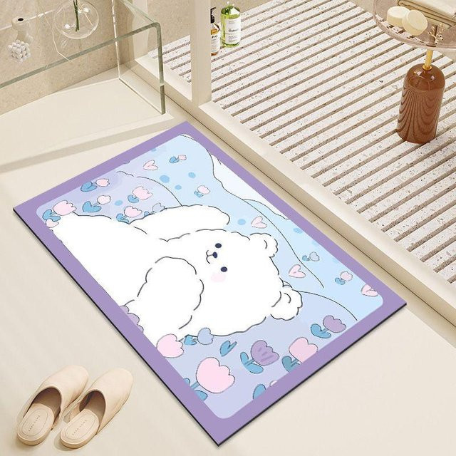Rutschfeste Kieselgur Bodenmatte für das Badezimmer mit Tier-Illustration, schnelltrocknend, lila, B/T: 60 x 40 cm - Bild 1