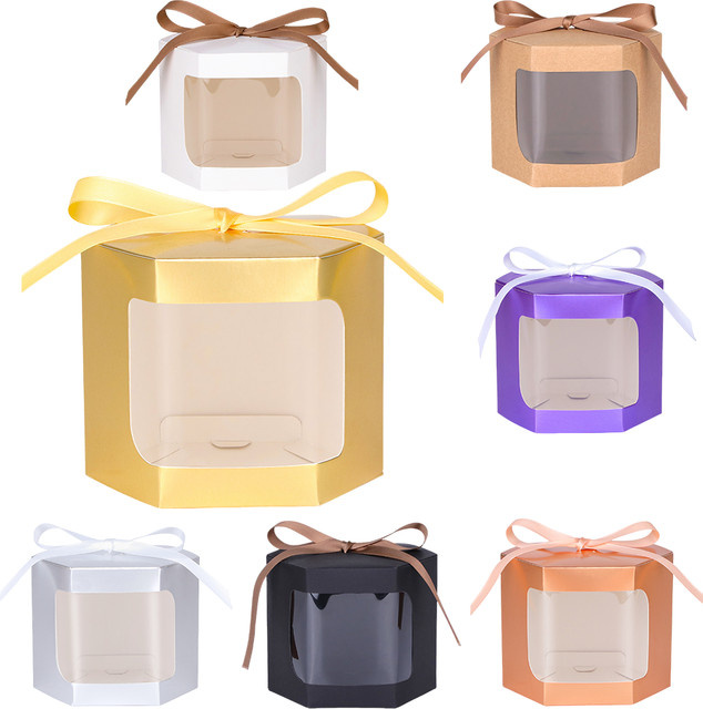 10 Stück sechseckige Kuchenbox-Verpackungen aus Papier mit transparentem PVC-Fenster in Braun - Bild 1