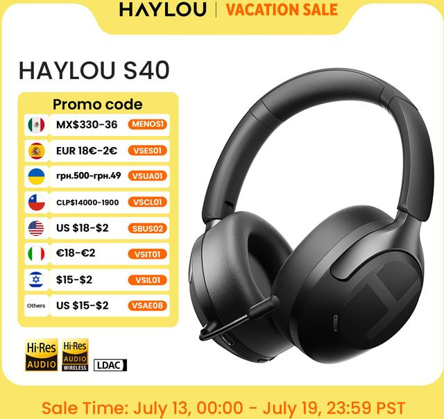 Haylou S40 ANC Kabellose Over-Ear-Kopfhörer mit 50dB Geräuschunterdrückung, Hi-Res 3D-Raumklang und LDAC Bluetooth 6.0 in Schwarz - Bild 1