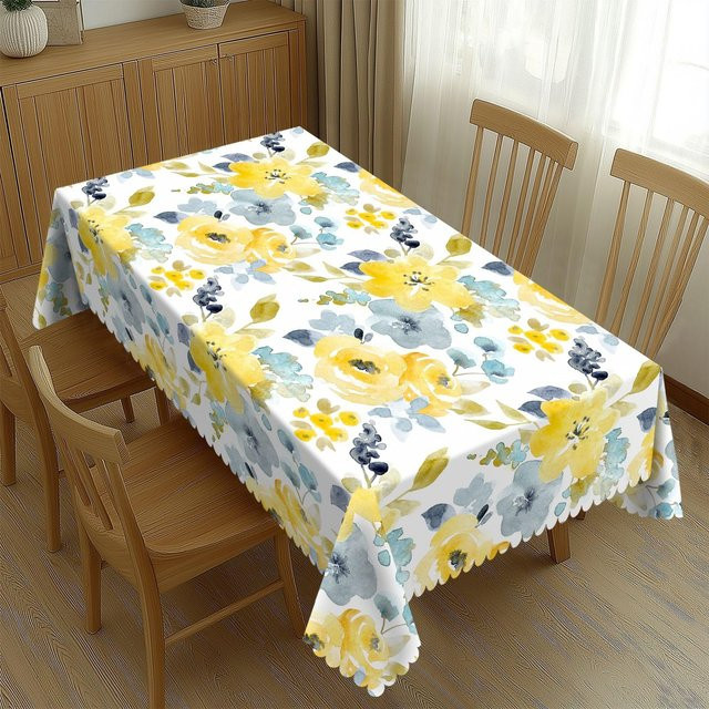 Wasserdichte Tischdecke mit Blumenmuster in Aquarell-Optik von Fancy Style Studio, Polyester, B/B: 90 x 140 cm, Mehrfarbig (Gelb, Blau, Grau) - Bild 1