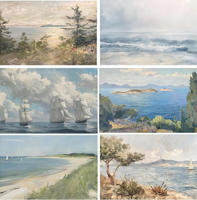 Potdemiel Vintage Leinwand Wandkunst Sommer Meer Küstenlandschaft Poster mit Boot in Mehrfarbig - Bild 1