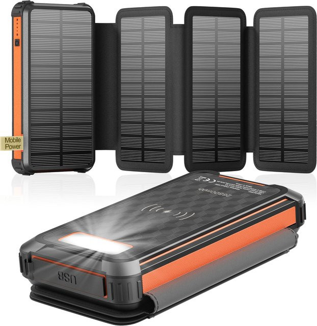Solar-Powerbank 26800 mAh mit 4 Solarpanels und PD 22,5 W, kabelloses Solar-Ladegerät mit 3 Ausgängen, wasserdichter externer Akku für den Außenbereich in Schwarz oder Weiß - Bild 1