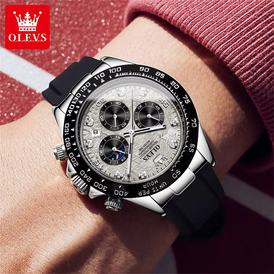 OLEVS Chronograph Armbanduhr, Quarz, Edelstahl, Silikon, Roségold, Herren - Bild 6