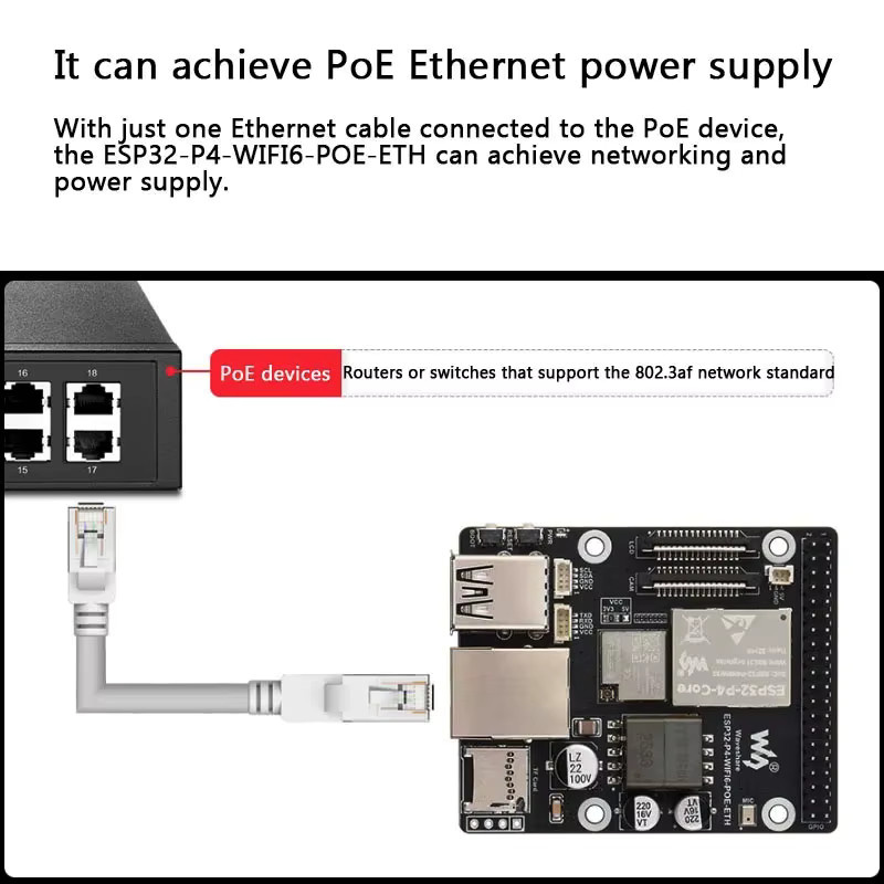 Espressif ESP32-P4 WiFi 6 PoE Ethernet Entwicklungsboard mit ESP32-C6 Basis und Raspberry Pi Kamera-Unterstützung in Schwarz - Bild 4