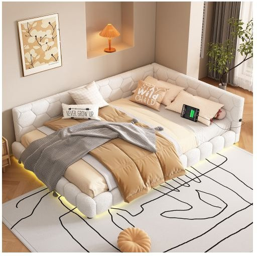 MUVOE Tagesbett in Weiß mit LED-Unterbettbeleuchtung, USB-Ladeport und Lattenrost, B/T: 140 x 200 cm - Bild 1
