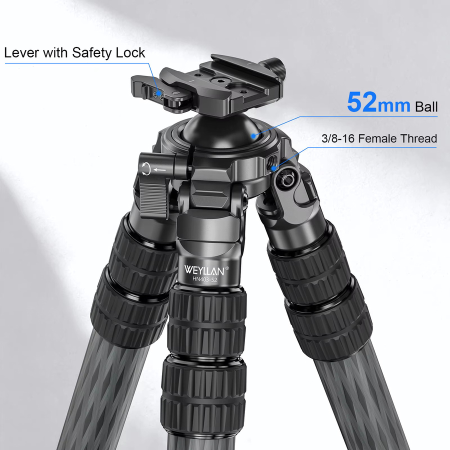 WEYLLAN HN403 Carbonfaser-Stativ mit 52mm Hebelkugelkopf in Schwarz, Traglast 30kg, 70,49 Zoll - Bild 2