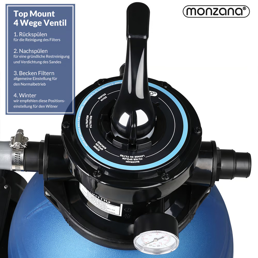 Monzana Sandfilteranlage für Pool mit Vorfilter und 4-Wege-Ventil, 11000 l/h, Blau-Schwarz - Bild 2