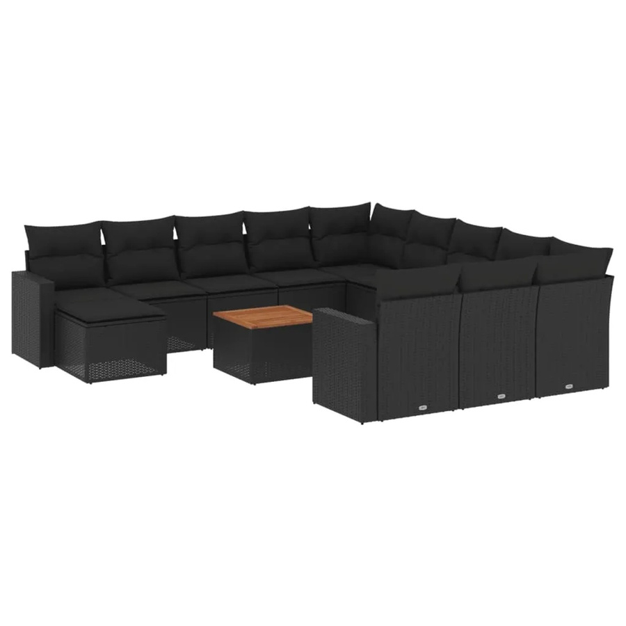vidaXL 13-tlg. Garten-Sofagarnitur in L-Form aus Polyrattan und Akazienholz mit Kissen in Schwarz - Bild 2