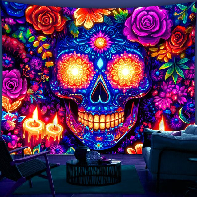 VIKAMA Totenkopf-Wandteppich mit floralem Design, bunte Blumen und grünen Blättern, Mehrfarbig, B/H: 40 x 60 cm - Bild 1