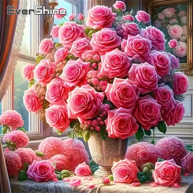Evershine Diamant-Stickerei Rosenbild aus Strasssteinen in Pink, Mosaik-Set mit quadratischen Steinen zur Wanddekoration, B/H: 20 x 20 cm - Bild 1