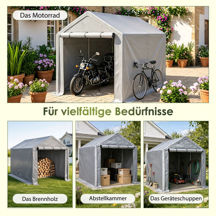 GIHAUVIA Carport-Garagenzelt Grau, wasserdichtes und UV-beständiges Outdoor-Lagerzelt mit aufrollbaren Reißverschlusstüren, B/T/H: 296 x 190 x 200 cm - Bild 4