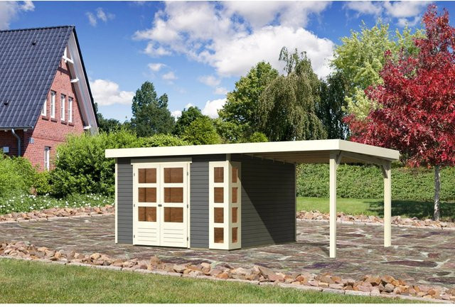 Karibu Gartenhaus Sölve mit Anbaudach und Flachdach in Terragrau, B/T: 302 x 306 cm - Bild 1