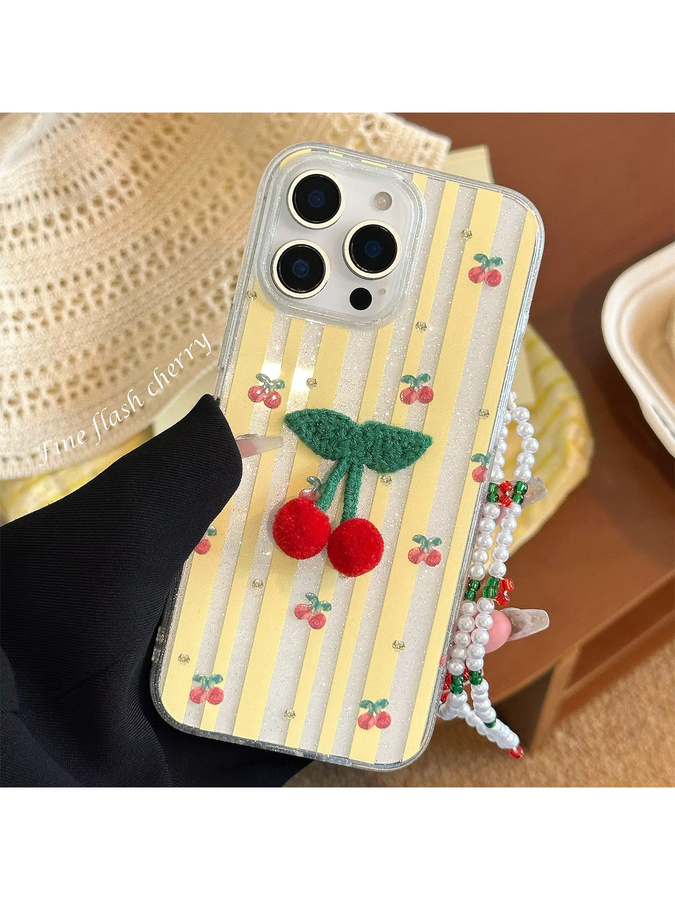 MUQGEW Handyhülle mit Umhängeband für iPhone 16 15 14 13 12 11 Pro Max, Koreanisches Design mit gestreiften Glitzer-3D-Kirschen, stoßfeste Schutzhülle - Bild 7