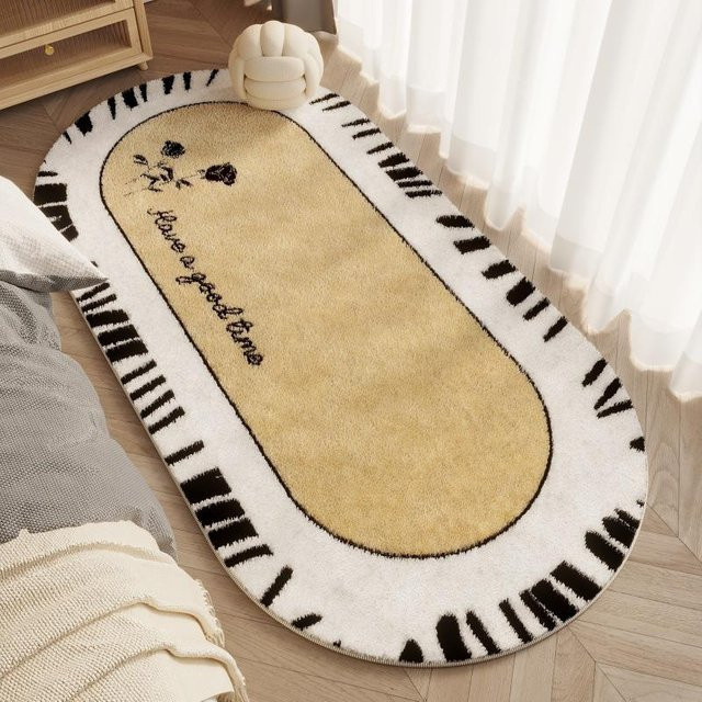 Ovaler Teppich mit Kamelien-Blumenmuster von Lodestar in Beige, Waschbarer Imitationskaschmir-Bodenteppich für Schlafzimmer und Wohnzimmer, B/T: 60 x 40 cm - Bild 1