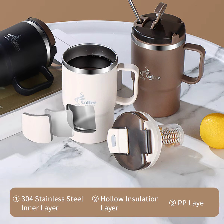 WORTHBUY Isolierter Kaffeebecher aus Edelstahl mit Löffel und Teesieb, Braun, 450 ml - Bild 3