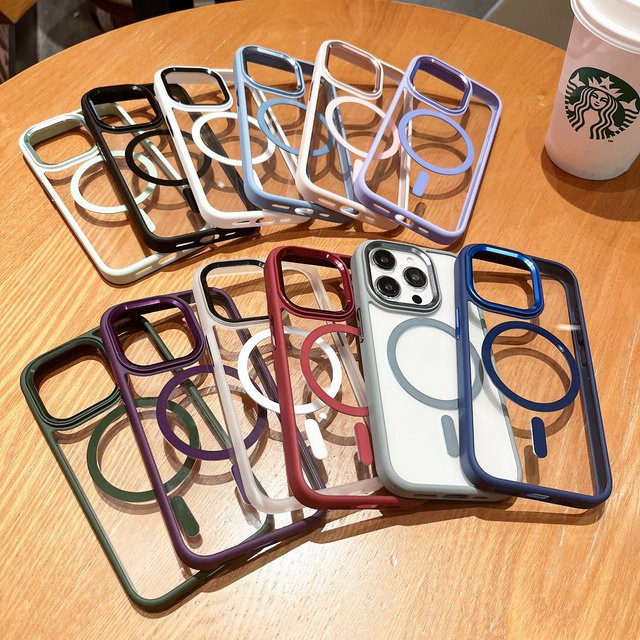 Transparente MagSafe iPhone 12 Hülle mit Metallknopf und stoßfester Beschichtung in Pink - Bild 1